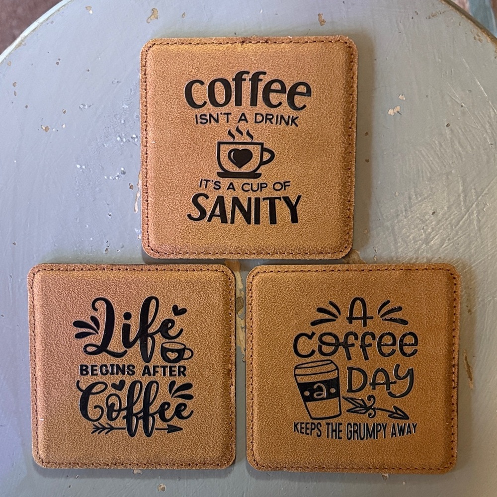 Set of 3 hand crafted coasters coffee themed cork and leather